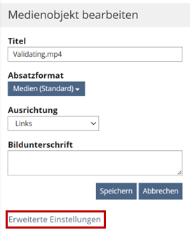 Screenshot des Formulars im Kontextmenü mit visuell hervorgehobenem Link