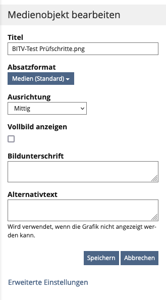 Einstellungsformular eines Medienobjektes in ILIAS